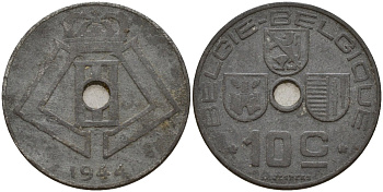 Бельгия 10 сантимов 1944 Belgie - Belgique, Леопольд III (1934-1947), германская оккупация, Вторая мировая война KM 126 цинк 4161-343