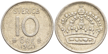 Швеция 10 эре 1960 Густав VI Адольф (1950-1973) KM 823 серебро 4147-927