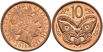 Новая Зеландия 10 центов 2013 маска Маори, Елизавета II (1952-) KM 117а сталь плакированная медью 93-1136