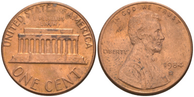 США 1 ЦЕНТ 1984 D, ЛИНКОЛЬН KM 201b цинк плакированный медью 188-228