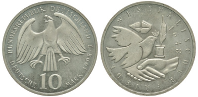ФРГ 10 марок 1998 J, 350 лет Вестфальскому мирному договору KM 191 серебро UNC 413-3411