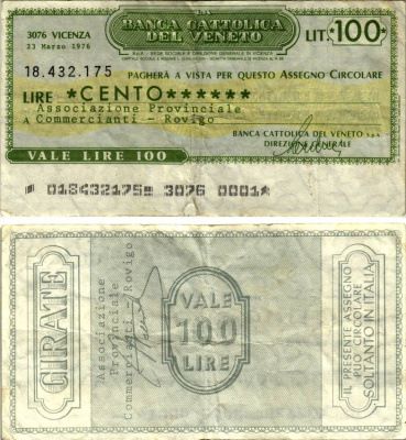 Италия чек на 100 лир 1976 Ровиго, 23 марта 1976, (assicoazione provinciale a commercianti - rovigo) бумага 6280-46-3-2