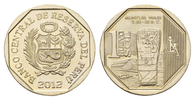 Перу 1 новый соль 2012 Богатство и гордость Перу - Кунтур-Уаси KM 365 медь цинк никель UNC 3334-554
