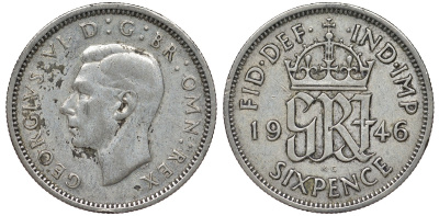 Великобритания 6 пенсов 1946 Георг VI (1936-1952) KM 852, Spink 4084 серебро 4124-743