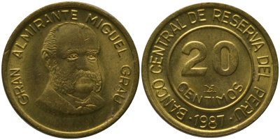 Перу 20 сентимо 1987 LIMA KM 294, Schon 95 латунь aUNC 4541-955