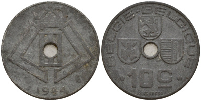 Бельгия 10 сантимов 1944 Belgie - Belgique, Леопольд III (1934-1947), германская оккупация, Вторая мировая война KM 126 цинк 4161-343