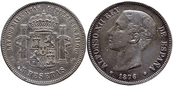 ИСПАНИЯ 5 ПЕСЕТ 1876 (76) DE-M, АЛЬФОНСО XII KM 671 серебро 02-207-43