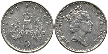 Великобритания 5 пенсов 1992 Елизавета II (1952-2022) KM 937b, Spink 4372 (D4) медно-никель 99-1065