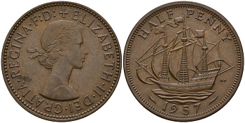 Великобритания 1/2 пенни 1957 Елизавета II (1952-2022) KM 896, Spink 4158 бронза 4159-752