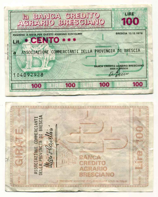 Италия чек на 100 лир 1976 Banca credito agrario Brescia, ассоциация торговцев провинции Brescia, 13 декабря 1976 бумага 8588-17-2-1