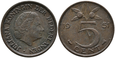НИДЕРЛАНДЫ 5 ЦЕНТОВ 1951 ЮЛИАНА KM 181 бронза 98-312