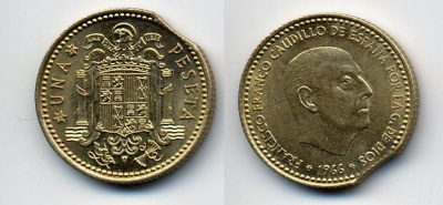 ИСПАНИЯ 1 ПЕСЕТА 1966 (71) ФРАНСИСКО ФРАНКО ДИКТАТОР ИСПАНИИ (1939-1975), БРАК КРУЖКА КМ 796 алюминиевая бронза 54-1712