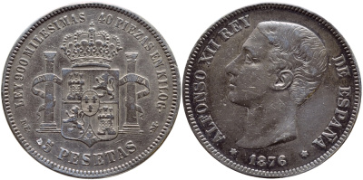 ИСПАНИЯ 5 ПЕСЕТ 1876 (76) DE-M, АЛЬФОНСО XII KM 671 серебро 02-207-43