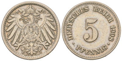 Германия 5 пфеннигов 1908 A KM 11, J. 12 медно-никель 3955-1252