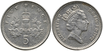 Великобритания 5 пенсов 1992 Елизавета II (1952-2022) KM 937b, Spink 4372 (D4) медно-никель 99-1065