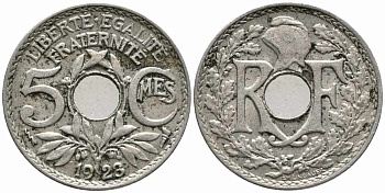 ФРАНЦИЯ 5 САНТИМОВ 1923 tb, ТИП ЛИНДАЙЁ, МОНЕТНЫЙ ДВОР ПУАССИ, МОЛНИЯ KM 875, LE FRANC 122.7 медно-никель 72-1143