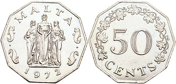 Мальта 50 центов 1972 памятник великой осаде в столице Валлетте KM 12 медно-никель aUNC 4590-523