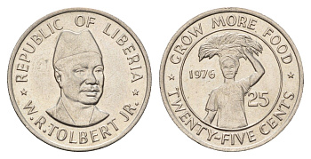 Либерия 25 центов 1976 ФАО - Выращивать больше еды KM 30 медно-никель UNC 4678-212