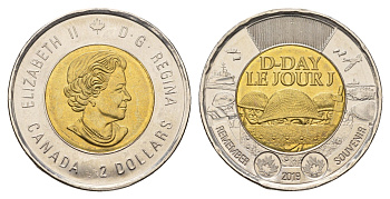 Канада 2 доллара 2019 75 лет высадке союзников в Нормандии KM 2764.1 биметалл UNC 108-711