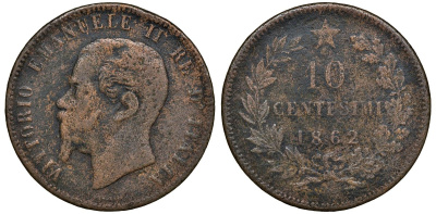 Италия 10 чентезимо 1862 N, Виктор Эммануил II KM 11.1 медь 4512-426