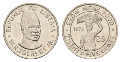 Либерия 25 центов 1976 ФАО - Выращивать больше еды KM 30 медно-никель UNC 4678-212