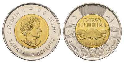 Канада 2 доллара 2019 75 лет высадке союзников в Нормандии KM 2764.1 биметалл UNC 108-711