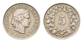 Швейцария 5 раппенов 1931 B KM 26 медно-никель 4705-1226