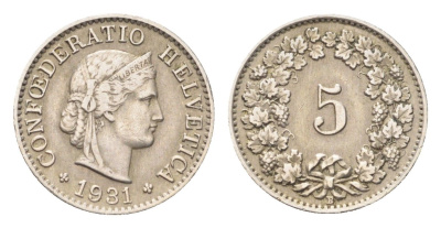 Швейцария 5 раппенов 1931 B KM 26 медно-никель 4705-1226