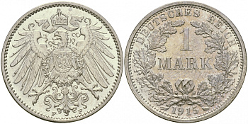 Германия 1 марка 1915 F Weege 18, J. 17, KM 14 серебро aUNC 98-1144