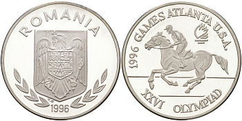 Румыния 100 леев 1996 XXVI Олимпийские игры 1996 года в Атланте, 100 лет Олимпийскому движению, скачки, пробный выпуск, пифорт KM PnB 315E1 серебро  PROOF  1525-1234