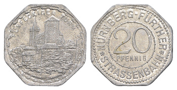 Нюрнберг трамвайный (транспортный) жетон в 20 пфеннигов ND (1920-1921) пятиугольная башня Men05 19256.12, Men18 24102.12 алюминий aUNC 4582-1142
