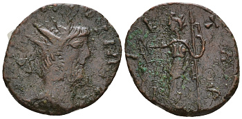 Римская Империя, императоры в Галлии антониниан 270 - 271 Викторин, IMP C VICTORINVS P F AVG, бюст императора / SALVS AVG, Салюта, персонификация Здоровья, локальная чеканка в Галлии RIC 71 биллон 1073-25-84