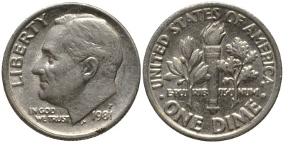 США 10 ЦЕНТОВ = 1 ДАЙМ 1981 P, РУЗВЕЛЬТ KM 195а медь плакированная медно-никелем 3955-927