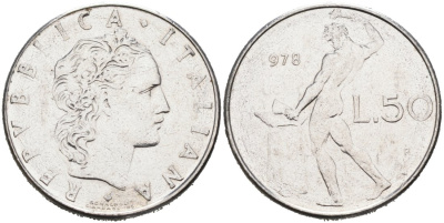 Италия 50 лир 1978 R, Бог огня Вулкан у наковальни KM 95.1 нержавеющая сталь 4573-814