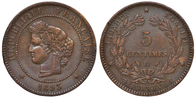 Франция 5 сантимов 1893 А, третья республика (1870-1941) KM 821.1, Le Franc 118.36 бронза 4128-113