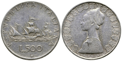 Италия 500 лир 1958 R, корабли Колумба KM 98 серебро 4178-944