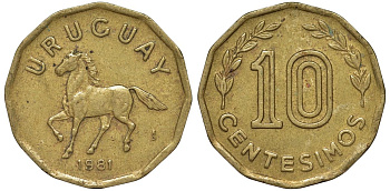 Уругвай 10 сентесимо 1981 KM 66 алюминиевая бронза 4169-541