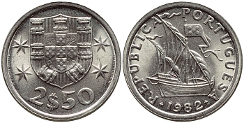 ПОРТУГАЛИЯ 2,5 ЭСКУДО 1982 ПАРУСНИК KM 590 медно-никель UNC 4396-155