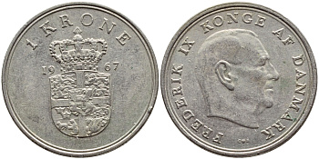 ДАНИЯ 1 КРОНА 1967 C; S, ФРЕДЕРИК IX (1947-1972) KM 851.1 медно-никель 4398-1023