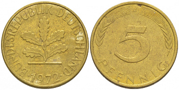ФРГ 5 ПФЕННИГОВ 1972 J KM 107, J.382 сталь плакированная латунью 3996-1146