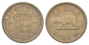 Гренландия 25 эре 1926 NCN; CJ, медведь, датская колония, Кристиан X (1912-1947) KM 5 медно-никель aUNC 441-434