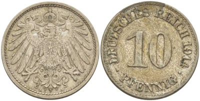 ГЕРМАНИЯ 10 ПФЕННИГОВ 1914 A KM 12, J. 13, Weege 8 медно-никель 212-256