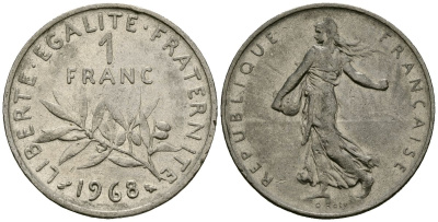 Франция 1 франк 1968 сеятель KM 925 никель 4135-825