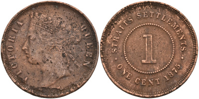 Стрейтс-Сетлментс 1 цент 1875 Виктория (1837-1901), Ост-Индская компания KM 9 медь 4590-425