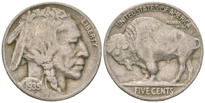США 5 центов 1935 индеец, бизон KM 134 медно-никель 4614-1217