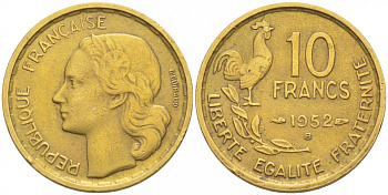 Франция 10 франков 1952 B, петух KM 915.2, Le Franc 363.5 алюминиевая бронза 187-158