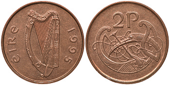 ИРЛАНДИЯ 2 ПЕНСА 1995 ВИНЬЕТКА В ВИДЕ СТИЛИЗОВАННОЙ ПТИЦЫ ИЗ ВТОРОЙ БИБЛИИ КАРЛА II ЛЫСОГО KM 21a сталь плакированная медью aUNC 4390-246