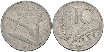 Италия 10 лир 1952 R, плуг, колосья KM 93 алюминий 4571-513