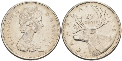 КАНАДА 25 ЦЕНТОВ 1978 ЕЛИЗАВЕТА II KM 62b никель 190-456