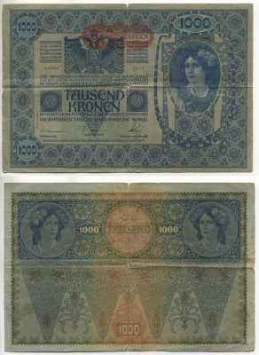 АВСТРИЯ 1000 КРОН 1919 КРАСНАЯ ГОРИЗОНТАЛЬНАЯ НАДПЕЧАТКА НА 1902 Pick 60 бумага 6299-43-3